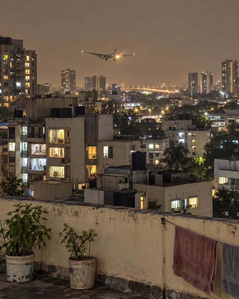 Mumbai at night from a terrace in Andheri West, with a plane coming in to land