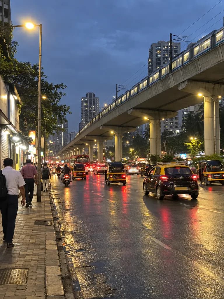 Link Road, Andheri West, Mumbai in the evening, with the metro line above the road