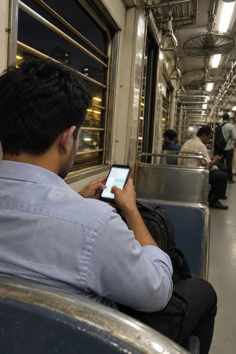 A man on a Mumbai local train at night, typing a question on his phone before booking