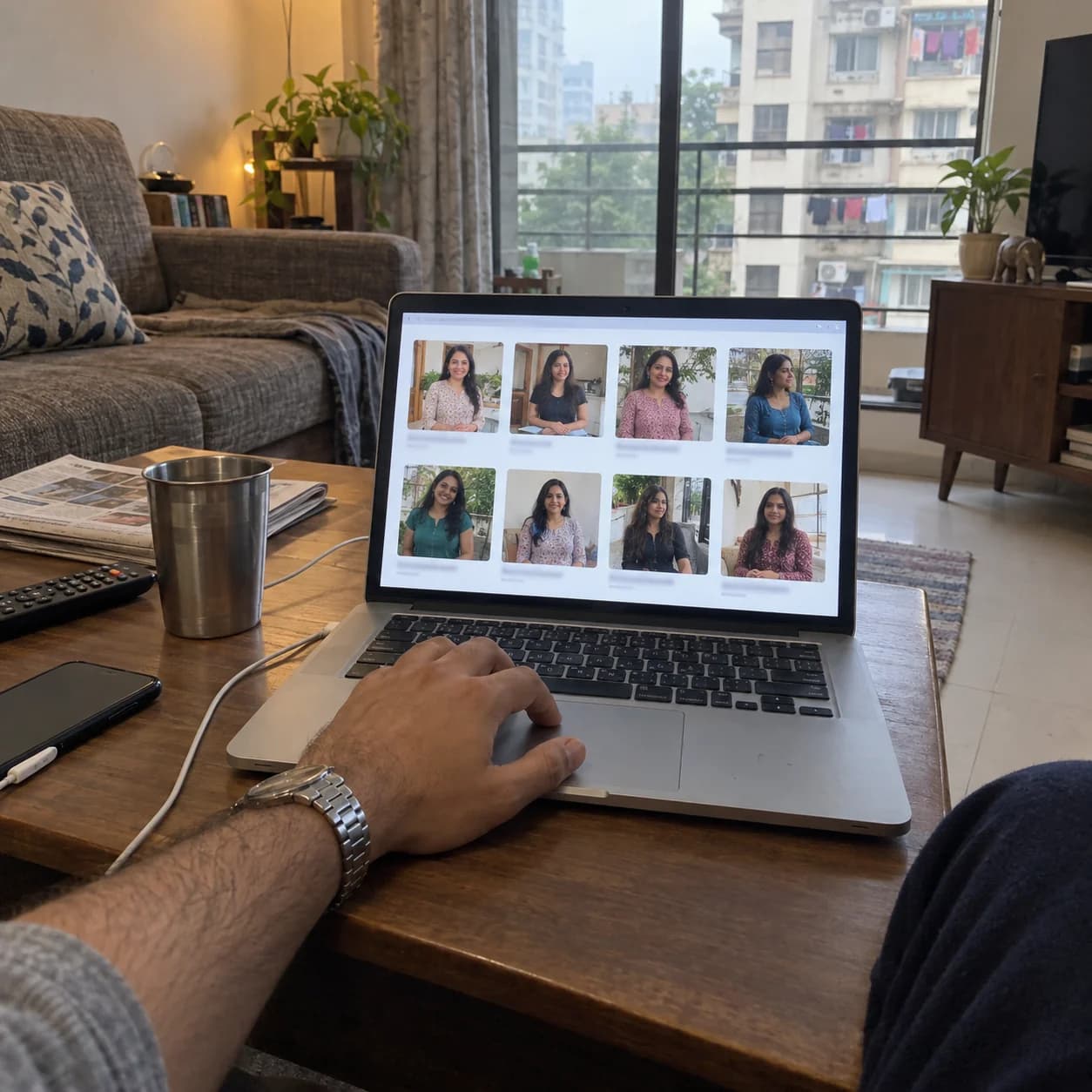 Choosing a girl from photo cards on a laptop to book an escort service in Mumbai