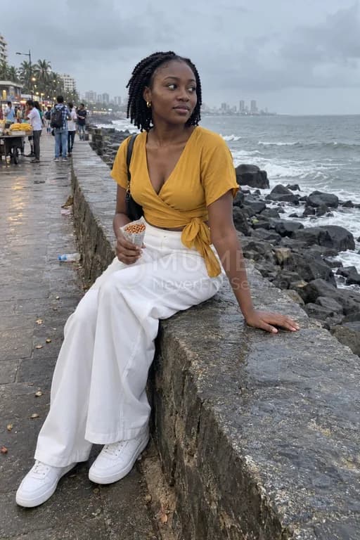 Foreign escort from Kenya sitting on the Bandra Bandstand sea wall with a cone of peanuts