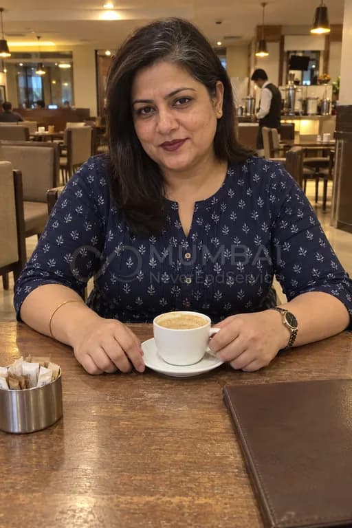 Mature escort in a navy kurta with a cup of coffee at a Mumbai hotel coffee shop