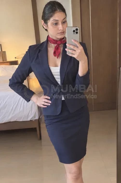 Role play escort in a navy skirt suit and red scarf taking a mirror selfie in a hotel room
