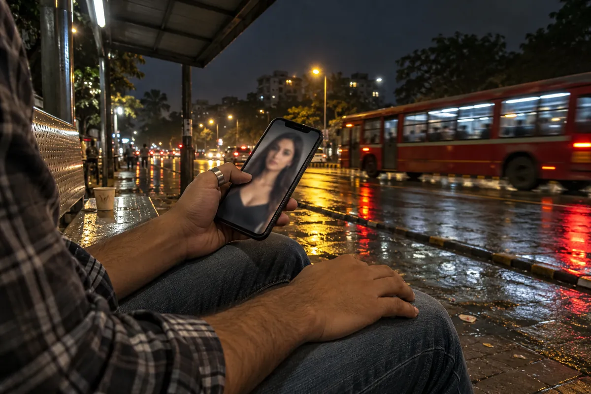 A man at a Mumbai bus stop at night looking at a glossy, heavily filtered photo of a woman on his phone