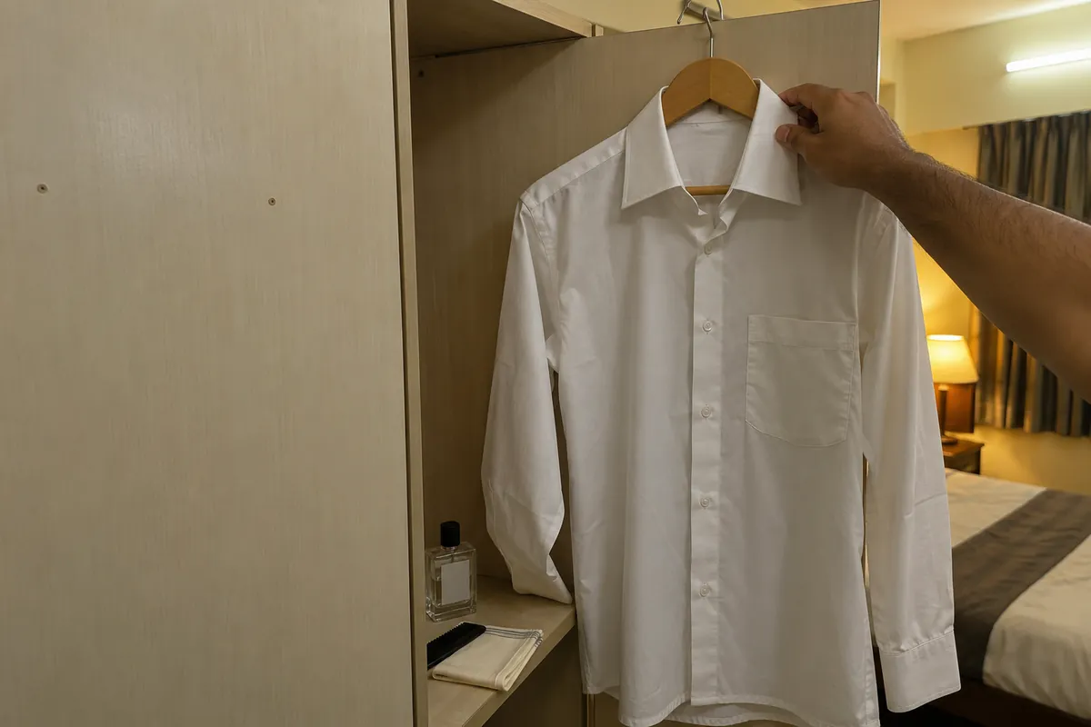 A clean white shirt on a hanger at a hotel wardrobe, with a perfume bottle, comb and handkerchief on the shelf
