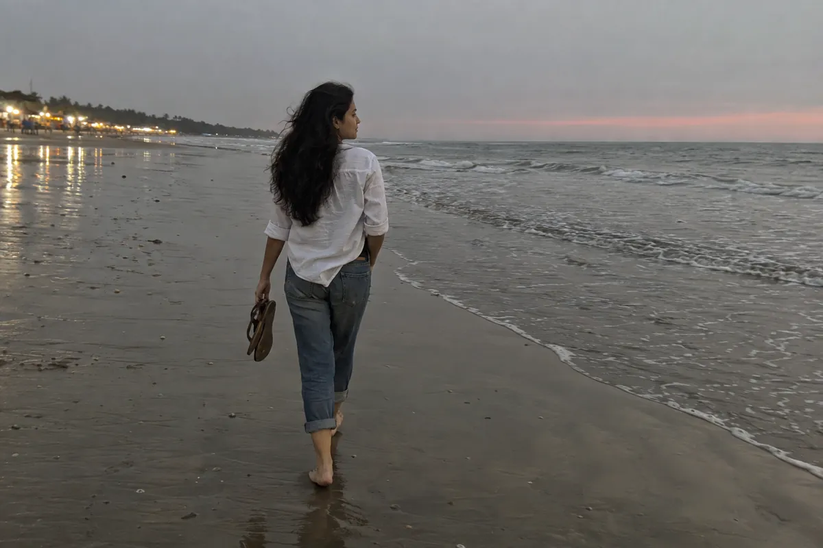 A woman in a white shirt and rolled-up jeans walking barefoot along the water at Juhu beach in the evening, sandals in her hand