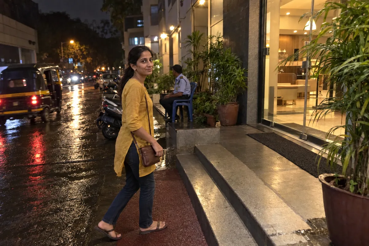 A woman in a mustard kurti walking to a small hotel entrance in Andheri on a rainy night as an auto rickshaw leaves
