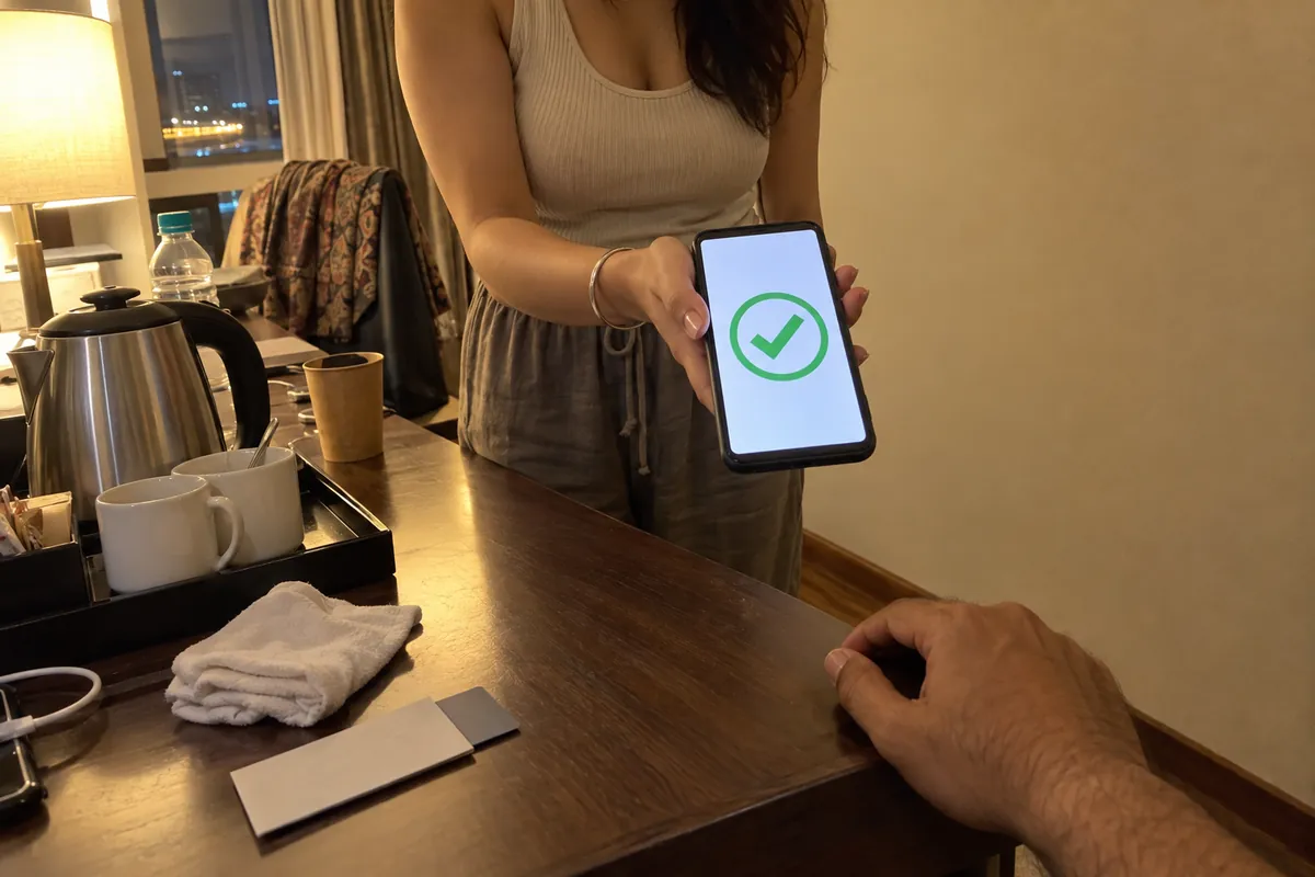 A woman showing a payment done screen with a green tick on her phone beside the desk of a Mumbai hotel room
