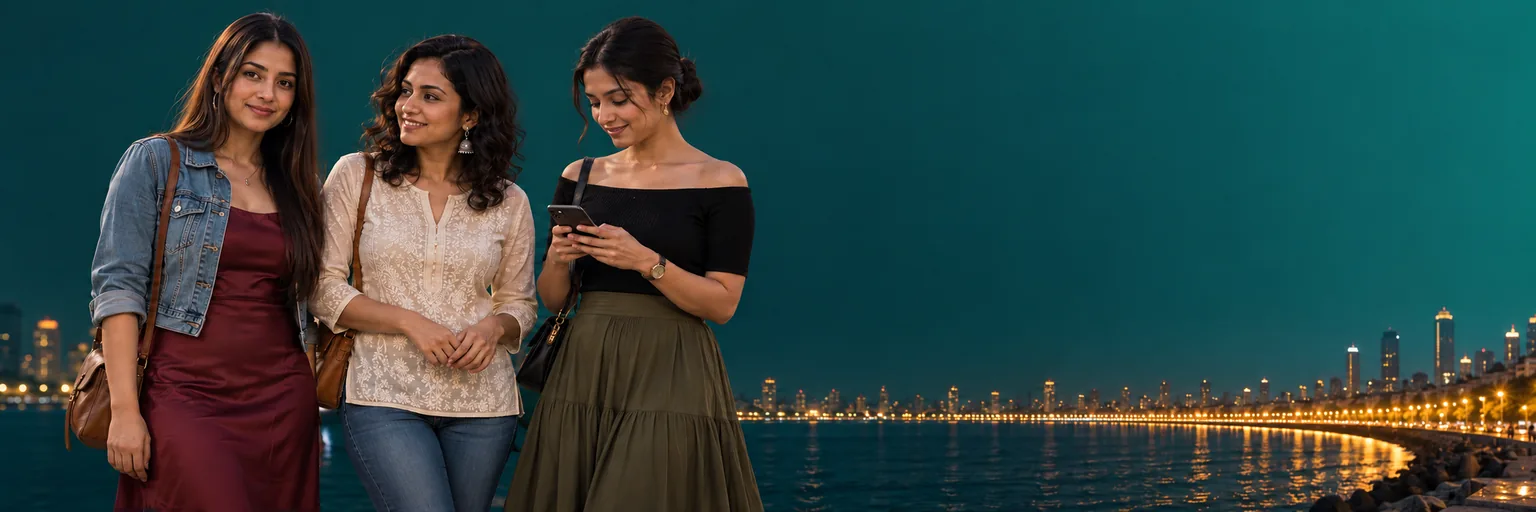 Three Mumbai call girls standing together, one checking her phone